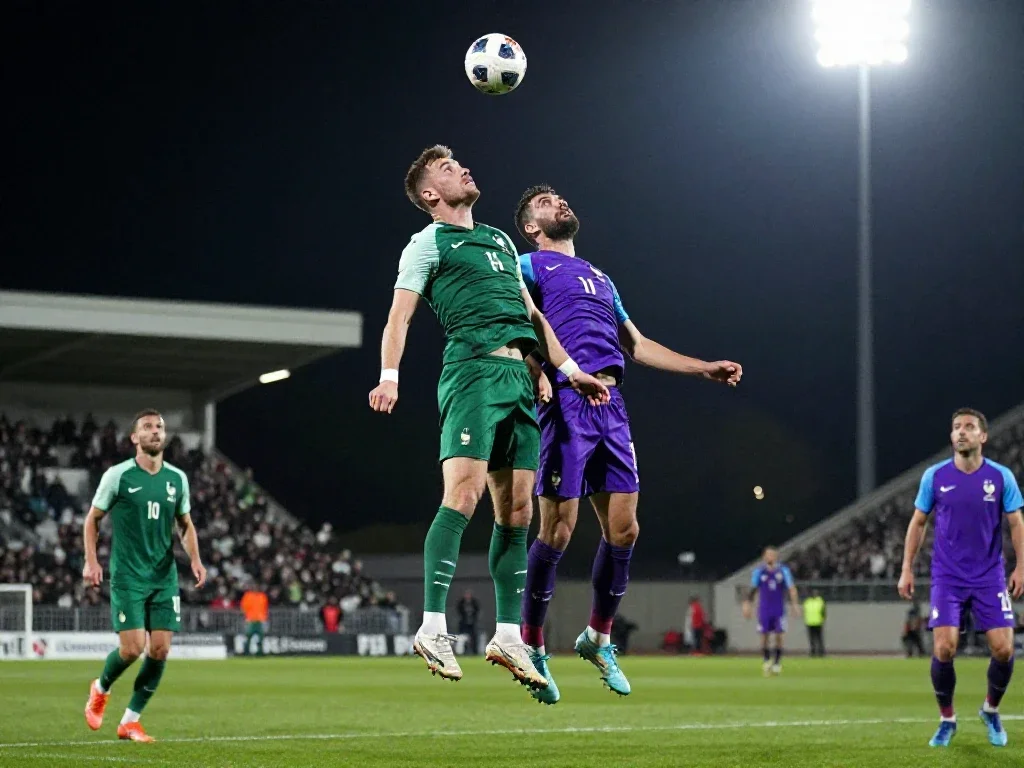 Footballeurs européens en plein duel aérien illustrant l'intensité de l'actualité sportive vécue avec clarté.