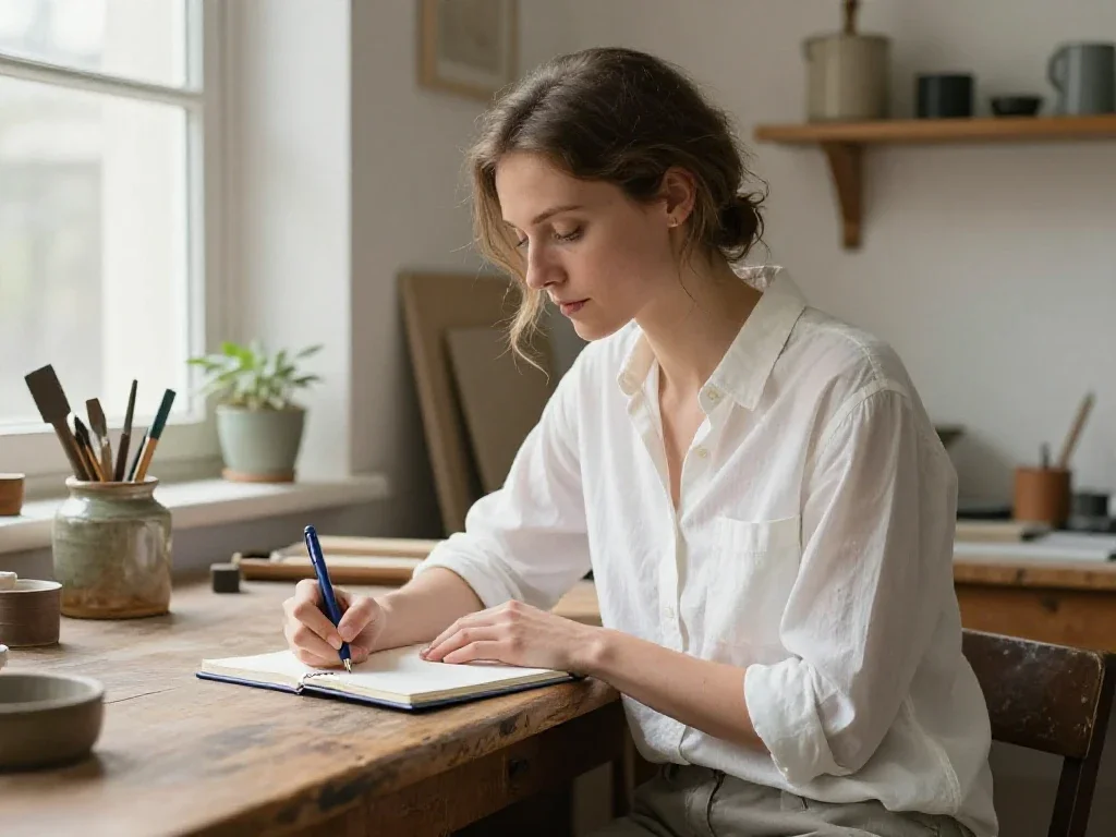 Entrepreneuse française dans son atelier, notant des idées pour une approche sereine du quotidien.