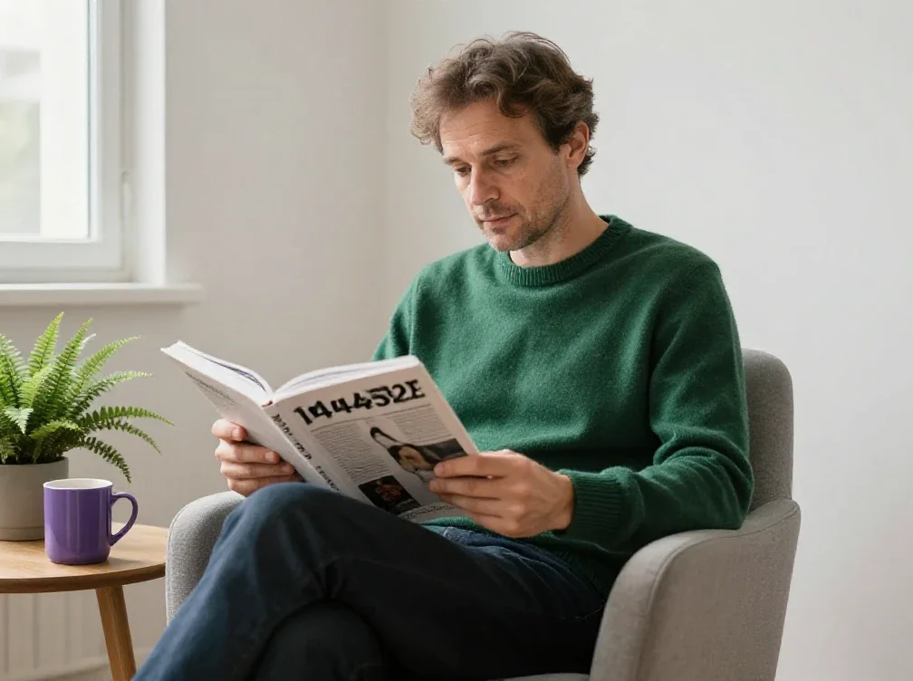 Un homme lit calmement un journal dans un salon épuré pour s'informer sans distraction.