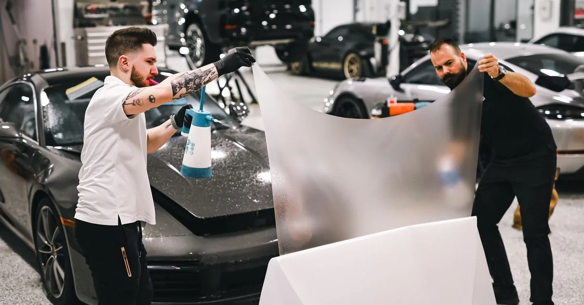 Deux hommes travaillant dans un garage appliquant un film protecteur sur une voiture de luxe.