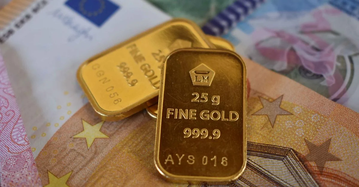Gros plan sur deux lingots d'or placés sur des billets en Euro, mettant en avant la richesse et l'investissement.
