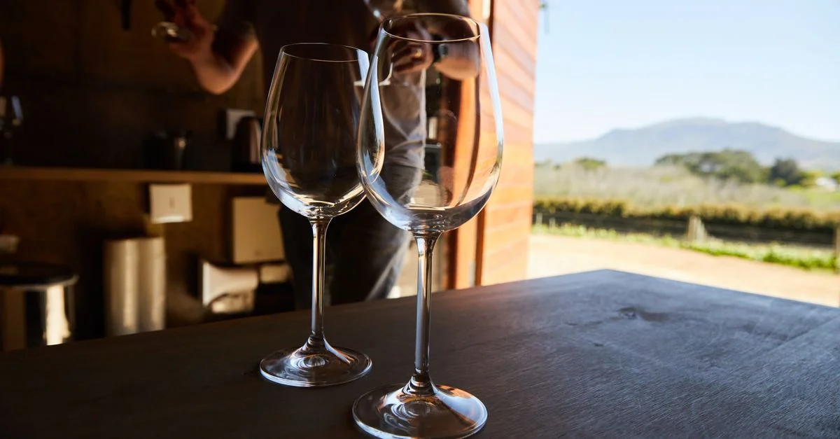 Gros plan sur des verres à vin avec un vignoble et des montagnes en arrière-plan.
