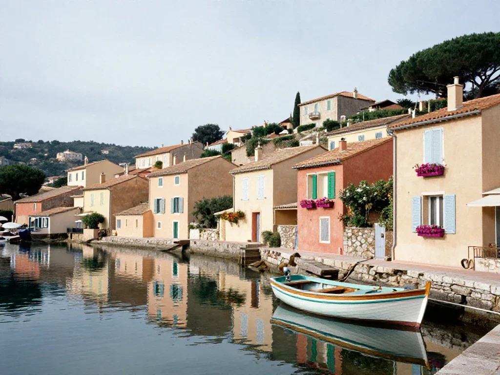 Village côtier paisible aux façades colorées illustrant une actualité calme et ordonnée.