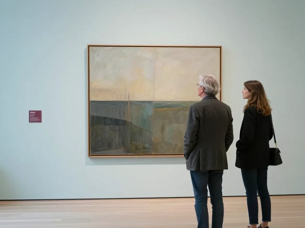 Visiteurs contemplant une œuvre d'art dans une galerie épurée pour une approche culturelle sereine.